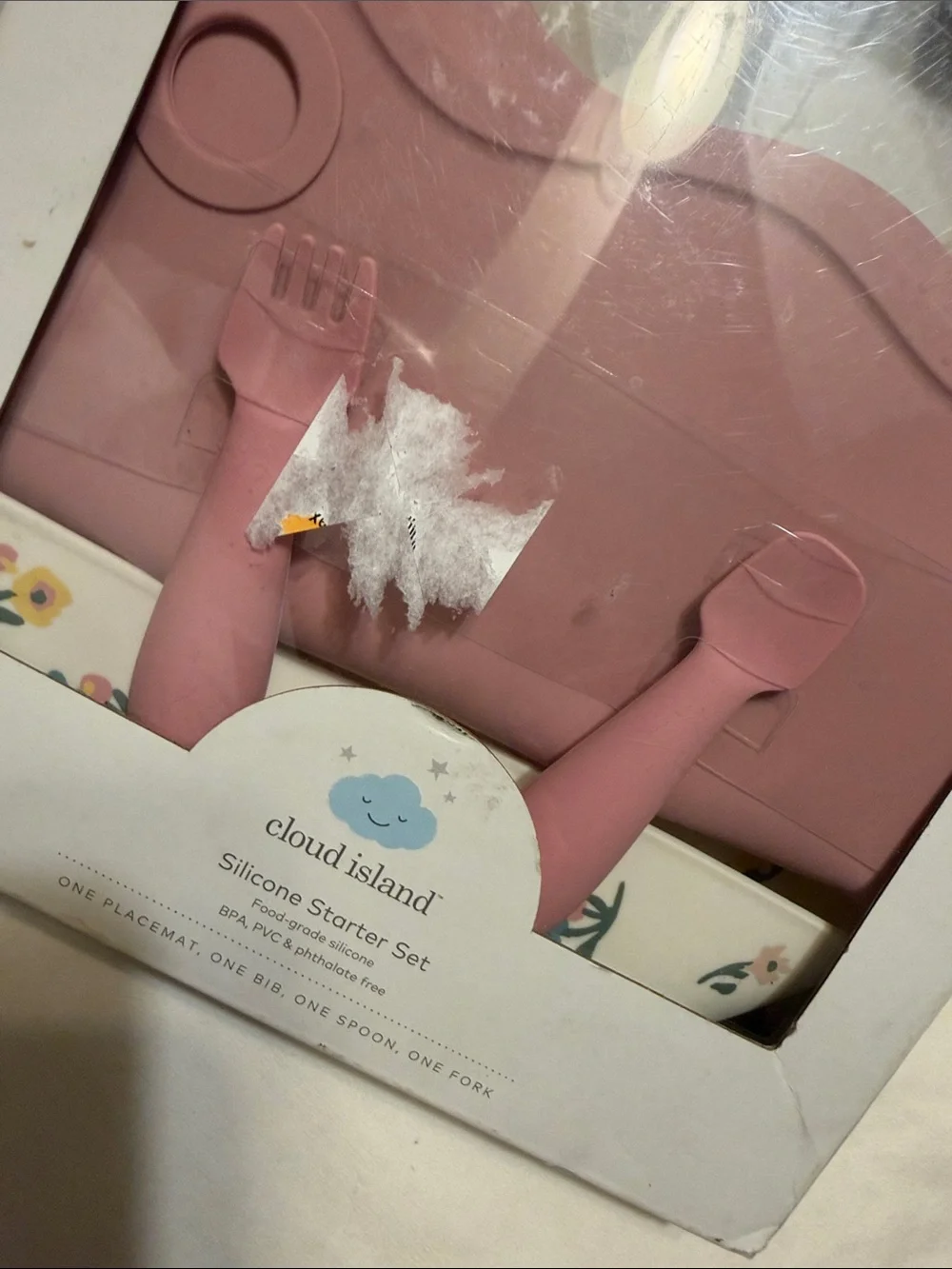 cloud island pink silicone bib and utensils set with floral accents